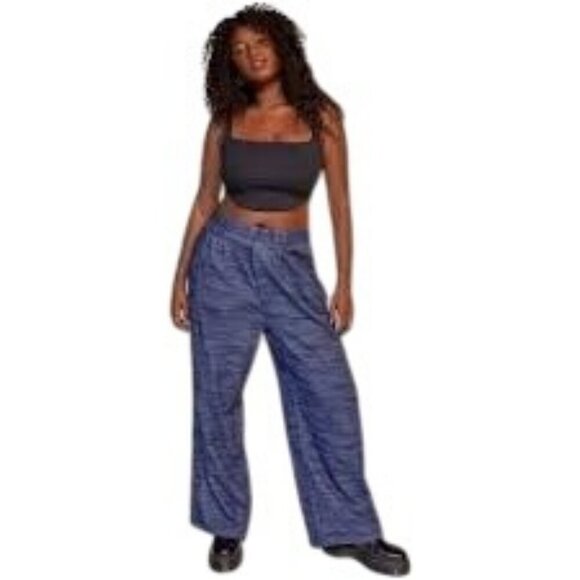 Urban Outfitters Herringbone Pleated Wide-Leg Trouser Pants Cotton Blue Women S - Picture 6 of 12